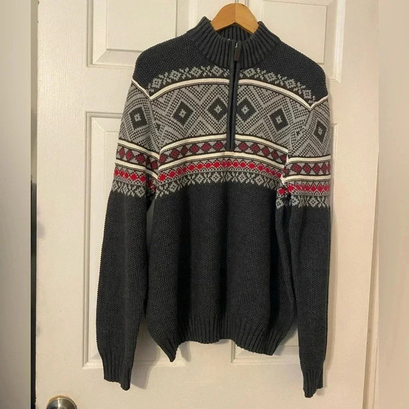 Izod 1/4 Zip‎ Gray Red Sweater Fair Isle Size Medium - Picture 1 of 10